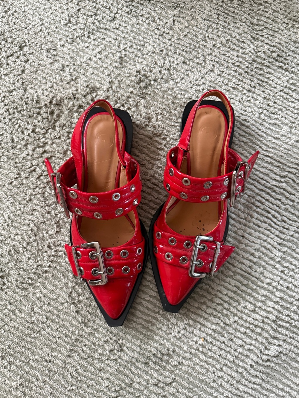 Ganni Red Pointed-Toe Buckle Slingback Flats